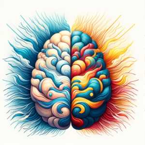 The duality of the brain, with one hemisphere representing calmness and relaxation and the other representing energy and action.