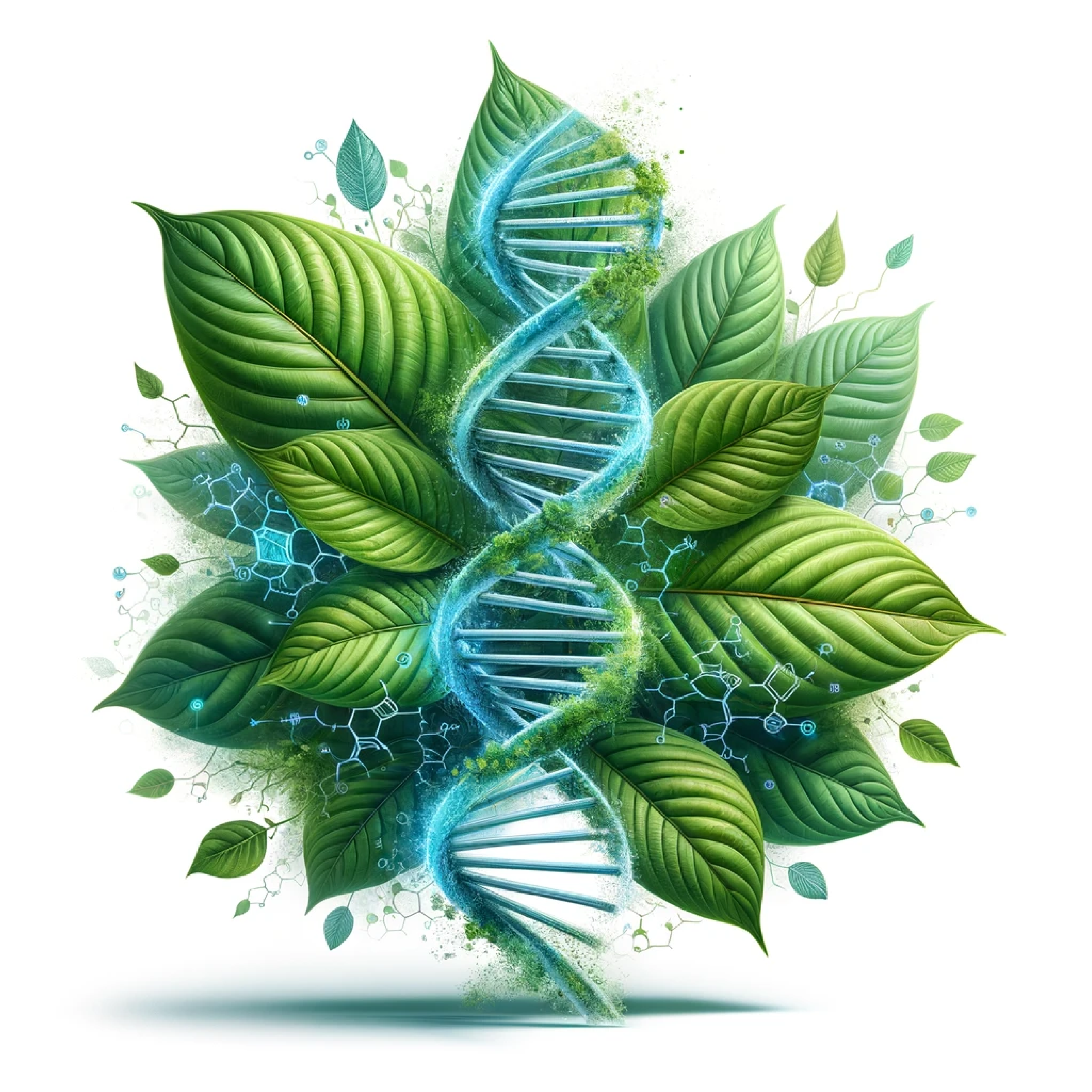 The kratom plant and a DNA strand to represent science, artistically blended together on a white background.